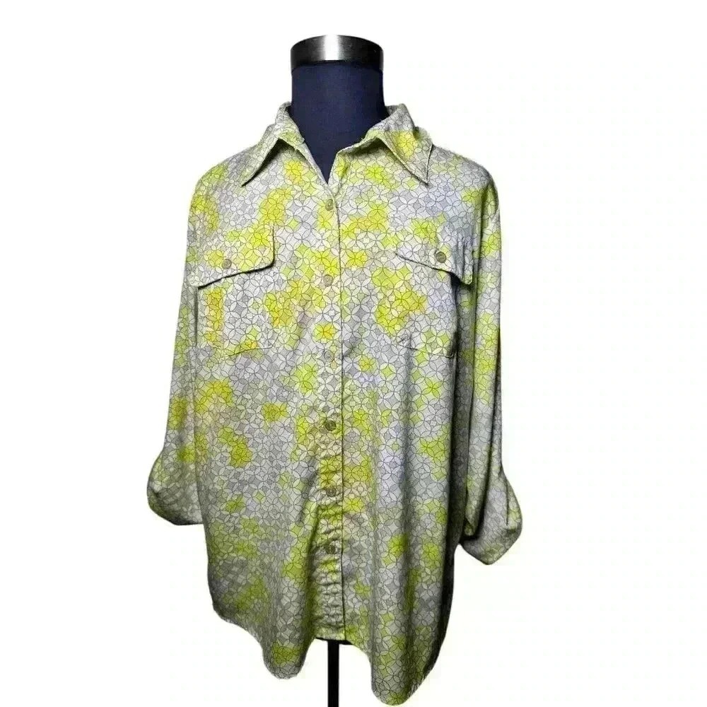 Elementz Women's 3X Long Sleeve Geometric Blouse Top Plus Size Button Down